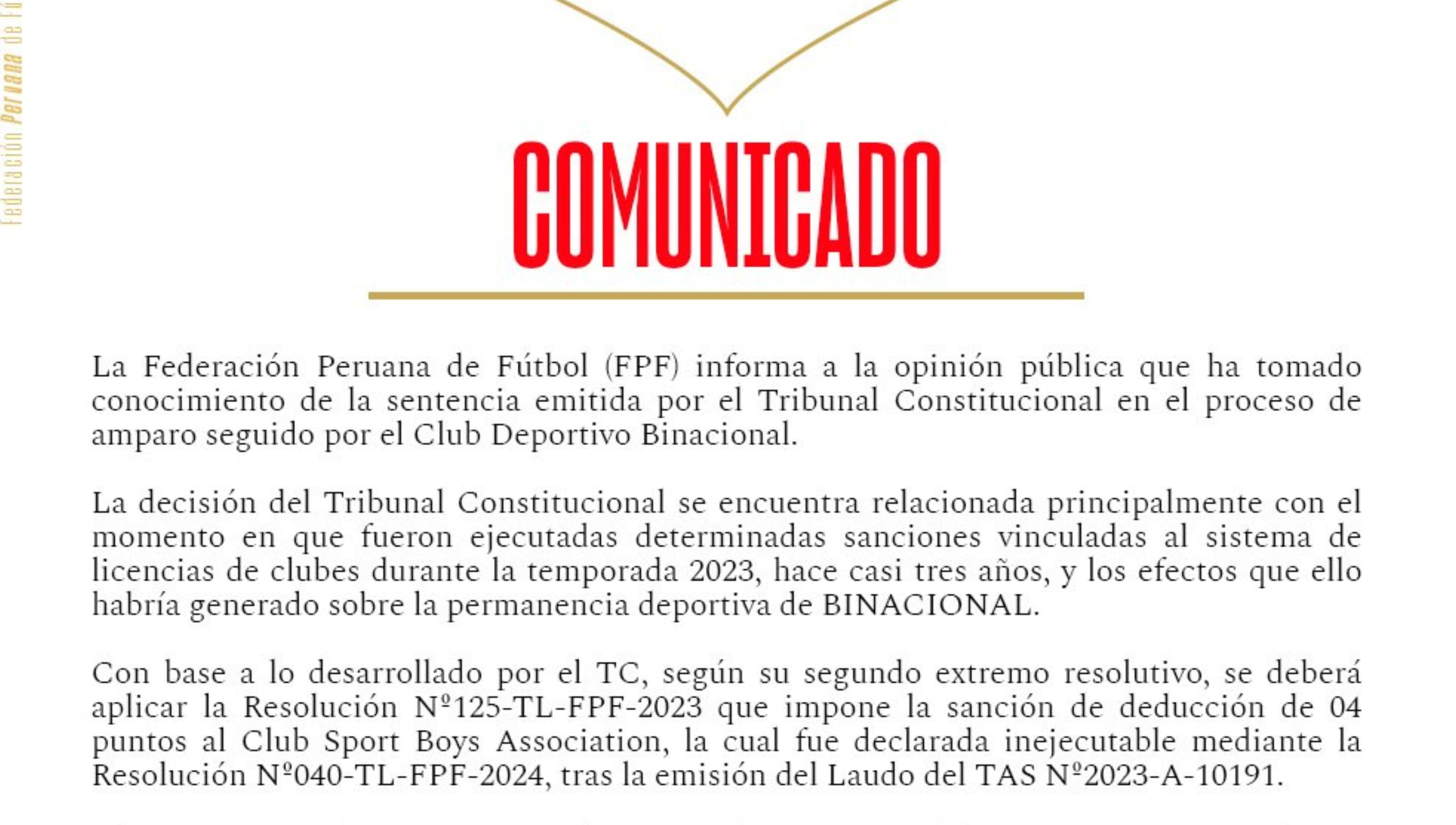 FPF responde tras fallo del TC a favor de Binacional. (Foto: FPF)