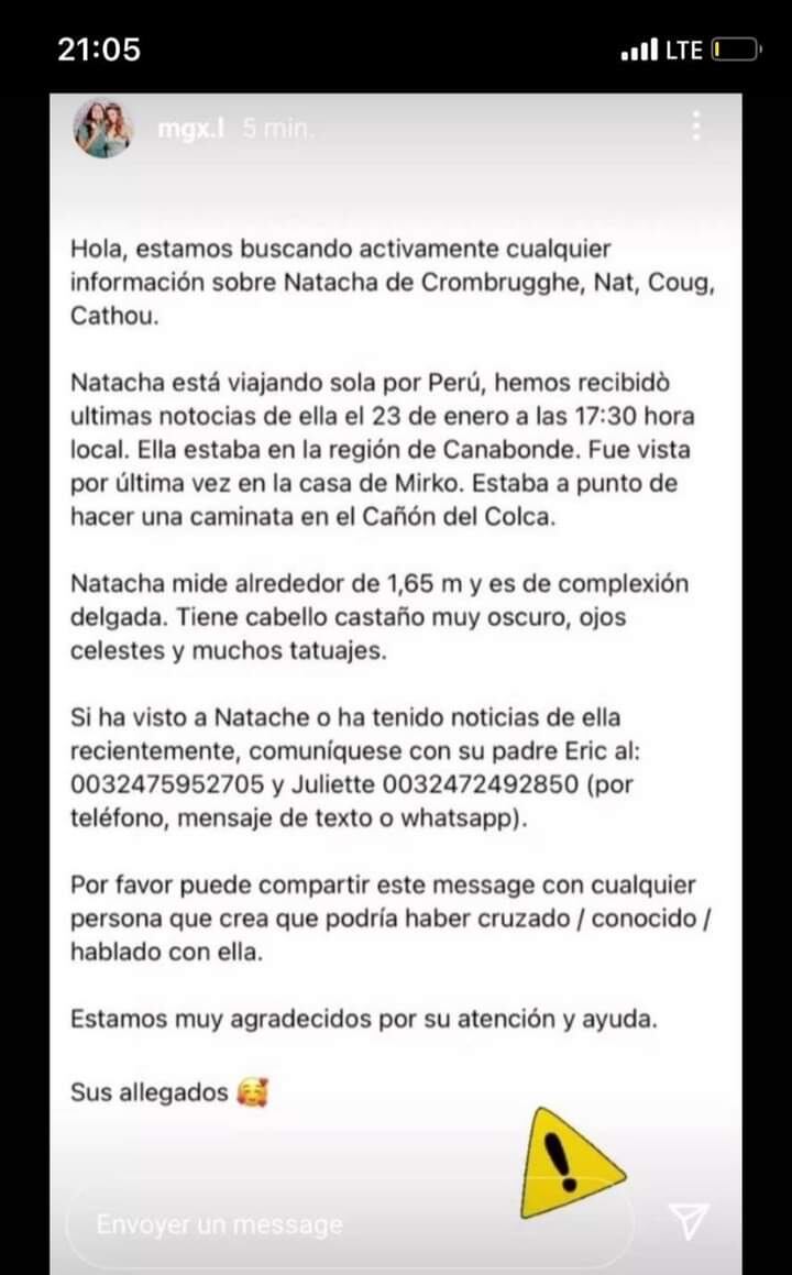 Natasha desapareció desde el 23 de enero.