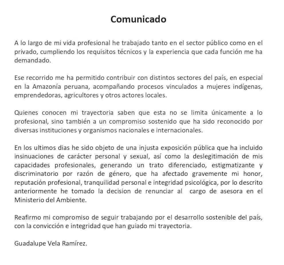 Comunicado de Guadalupe Vela
