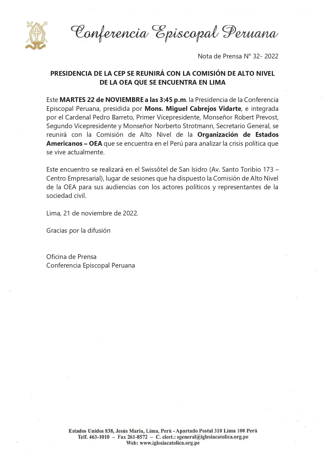 Comunicado de la Conferencia Episcopal Peruana