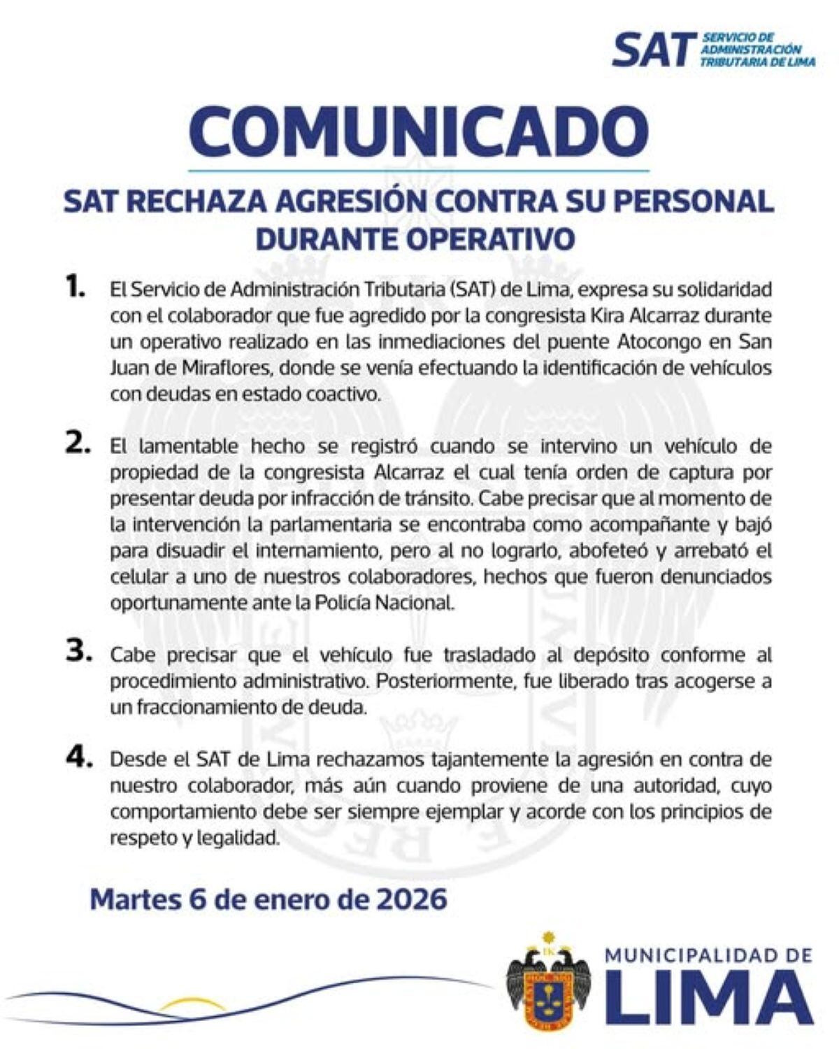 SAT de Lima rechaza agresión contra su personal durante operativo. Foto: Facebook.