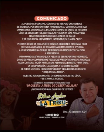Comunicad sobre el estado de salud de Dilbert Aguilar.