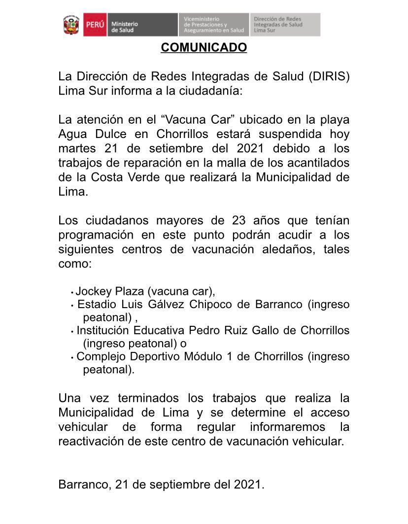 La Diris Lima Sur informa el cierre temporal por hoy 21 de septiembre del Vacuna Car de “Agua Dulce”. Foto: @DIRISLimaSur