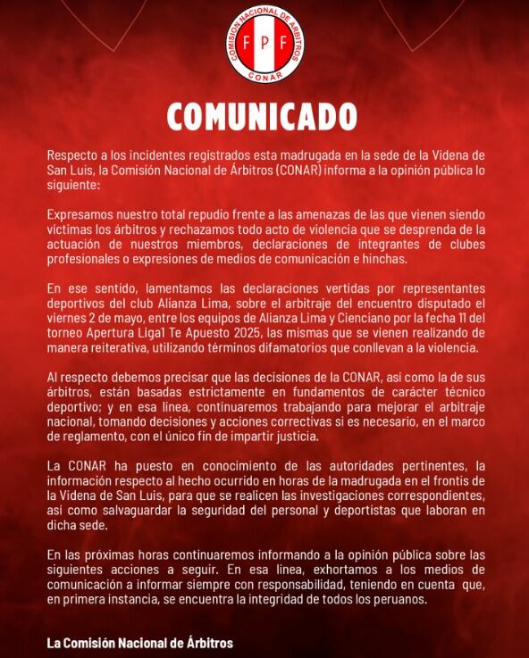 Comunicado de la CONAR en sus redes sociales.