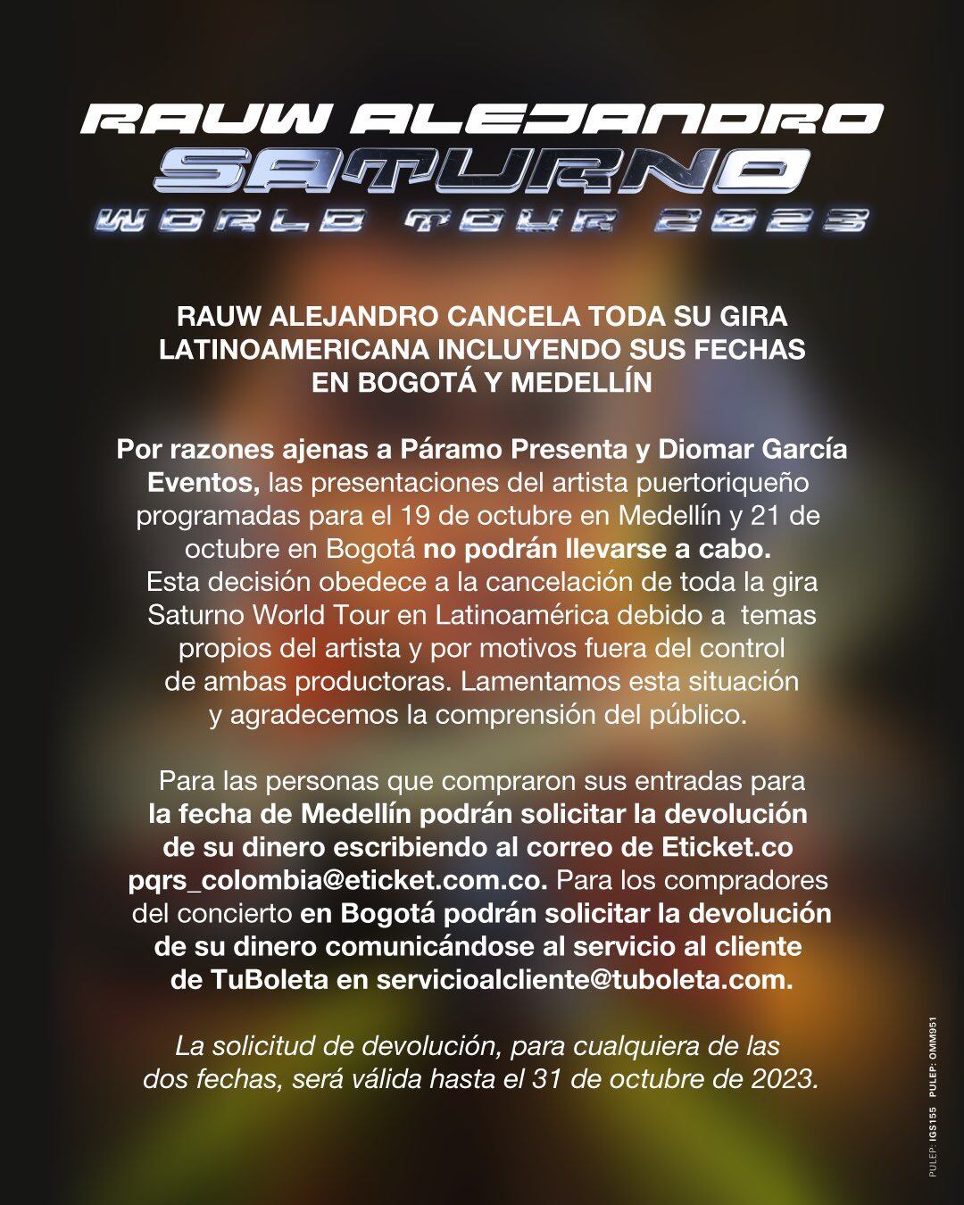 Comunicado Rauw Alejandro en Colombia