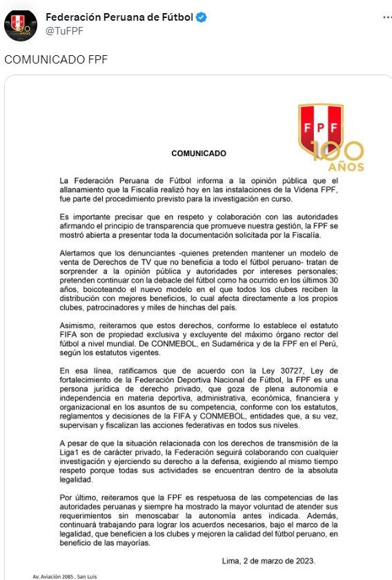 Comunicado de la FPF