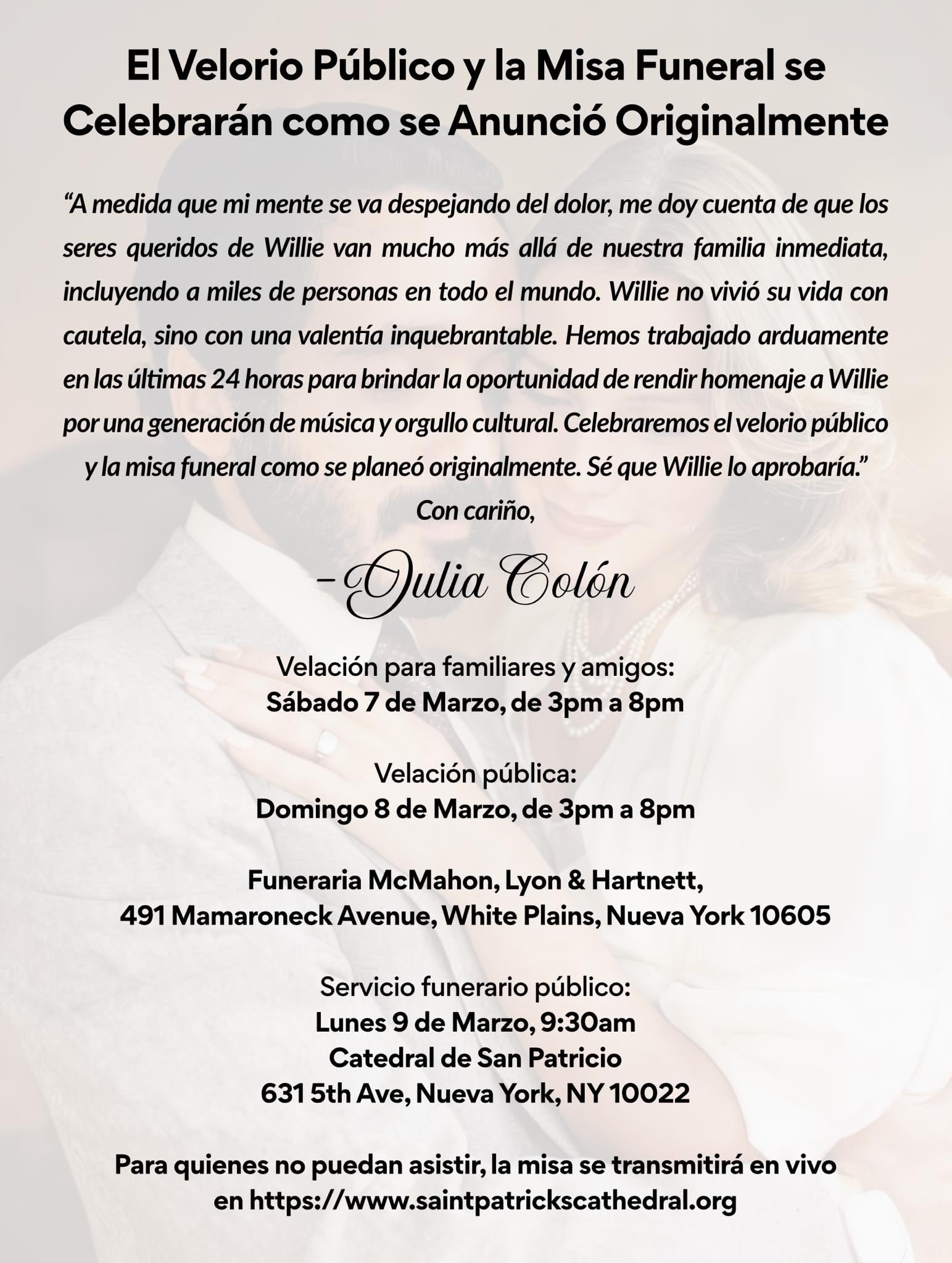 Información sobre el último adiós de Willie Colón. (Redes sociales)