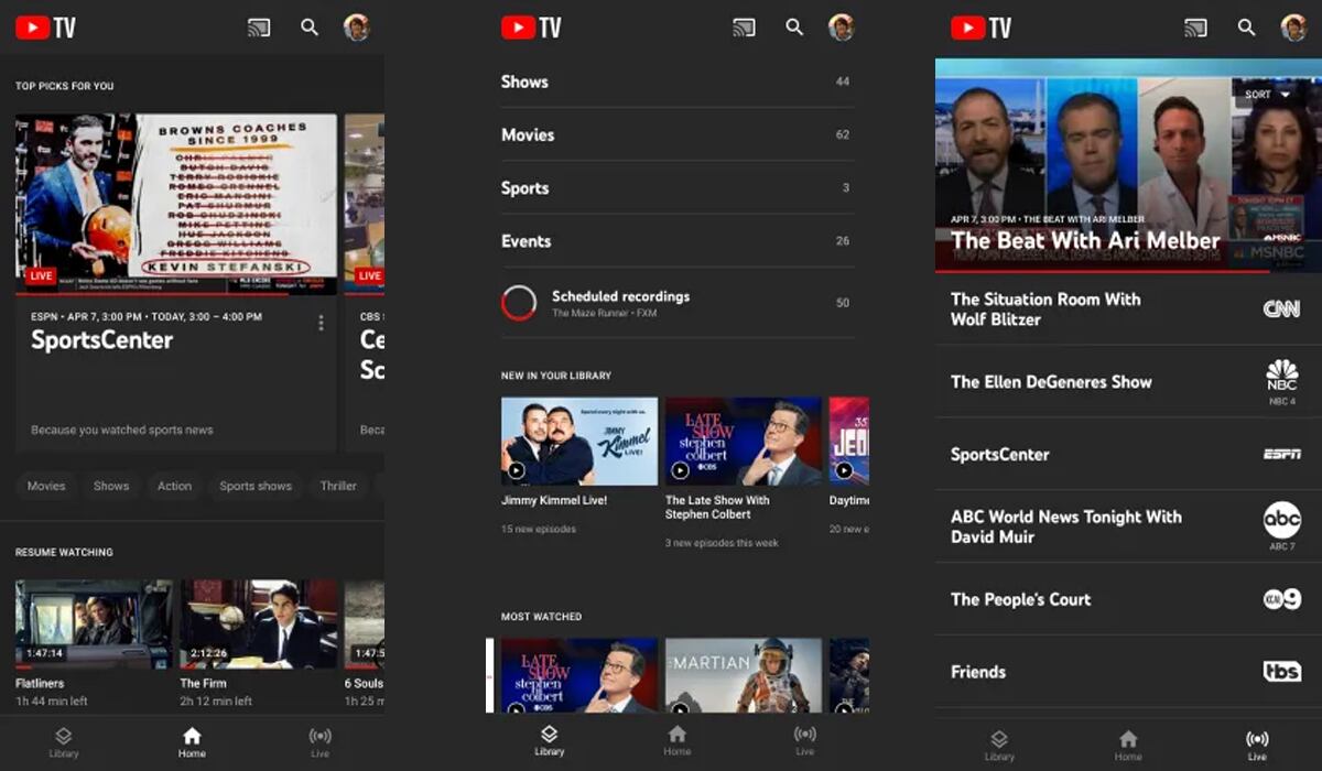 Así luce el nuevo aspecto de YouTube TV que se ha actualizado y trae el "modo oscuro". (Foto: 9to5google)
