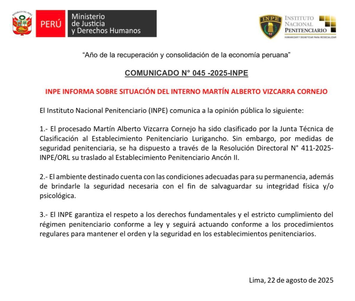 INPE anuncia que trasladará a Martín Vizcarra a Penal II de Ancón. Foto: INPE/ X.