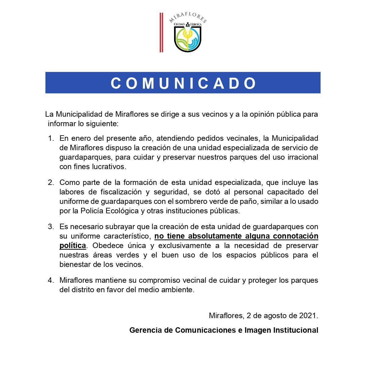 Comunicado de la Municipalidad de Miraflores.