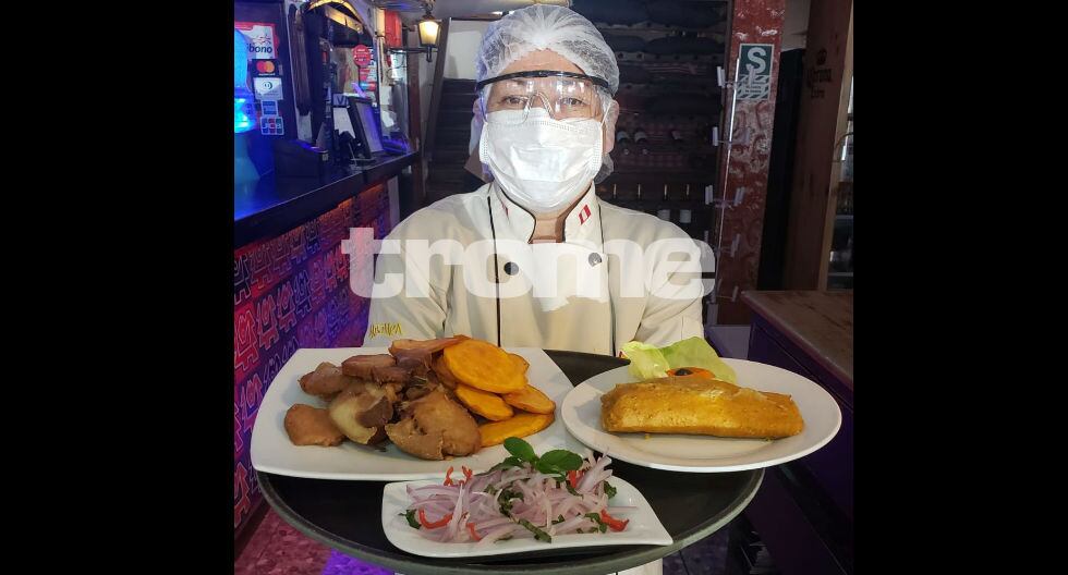 Combo de sabroso chicharón con camotito, tamales y salsita criolla de 'Sabores Peruanos'. (Trome / Isabel Medina)
