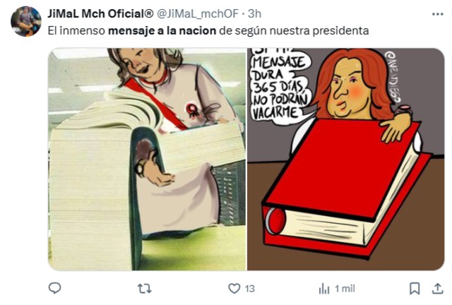 Usuarios crean divertidos memes por el extenso discurso de Dina Boluarte.
