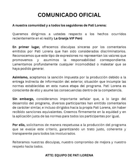 Comunicado del equipo de Pati Lorena.