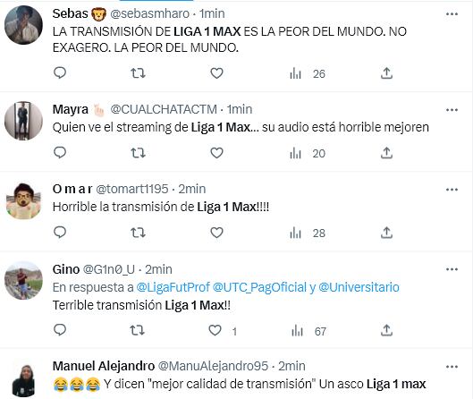 Aficionados se mostraron molestos por las constantes fallas técnicas en la transmisión de Liga 1 Max del U vs. UTC. Foto: Captura.