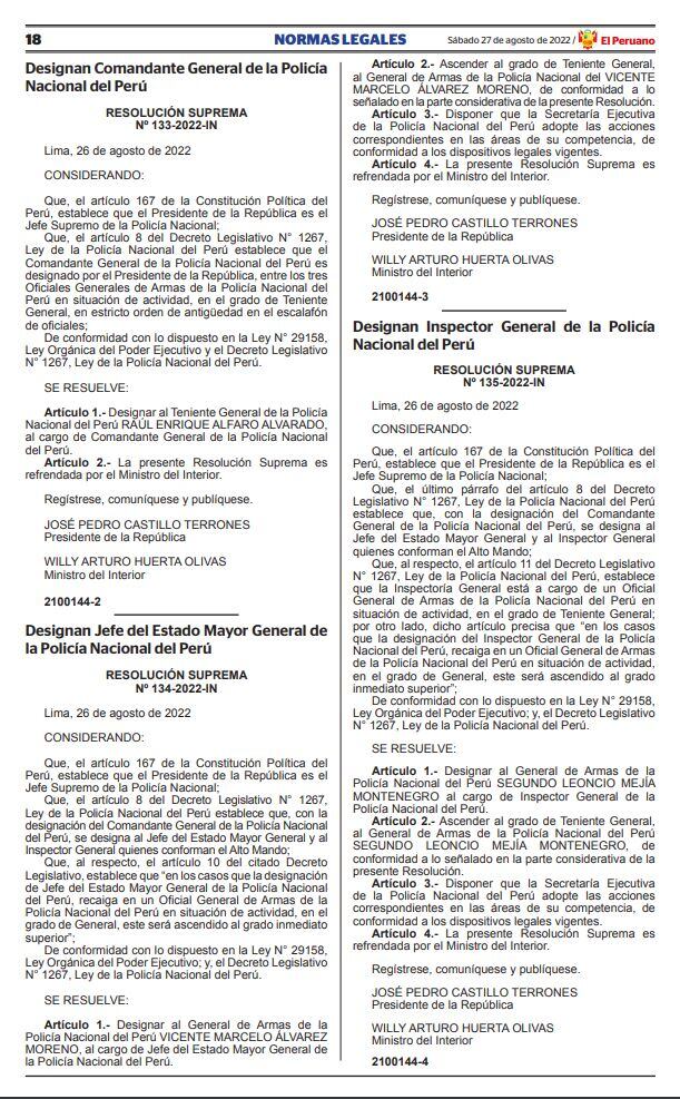 Ministerio del Interior publica cambios de comandante general de la PNP y jefe del Estado Mayor de la PNP.
