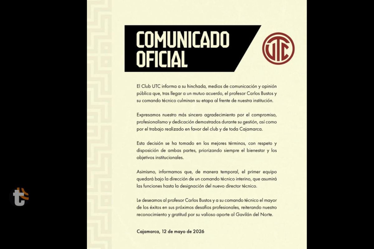 Club de Cajamarca ibfirmó a los hinchas sobre salida de Carlos Bustos (@utc_cluboficial)