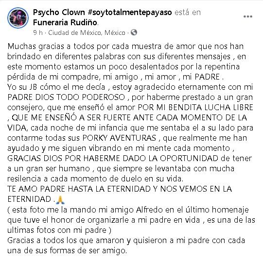 Psycho Clown compartió un emotivo mensaje por la muerte de Súper Porky. (Facebook)
