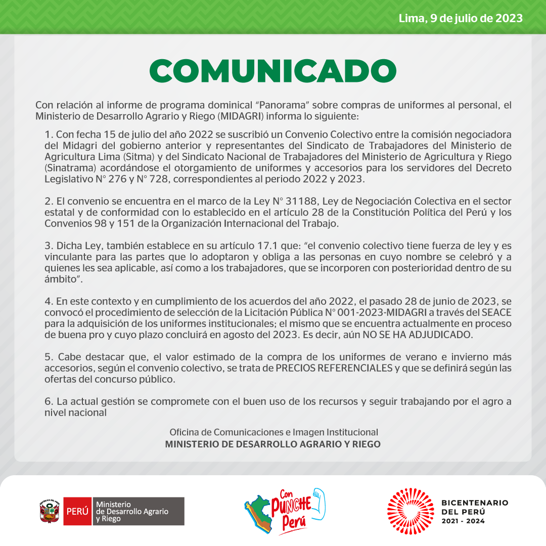 Comunicado del Midagri. (Foto: Midagri)