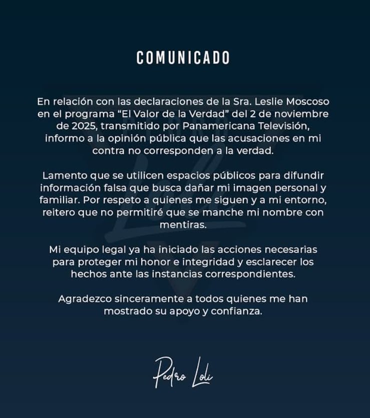 Pedro Loli lanza comunicado y descarta haber golpeado a Leslie Moscoco.