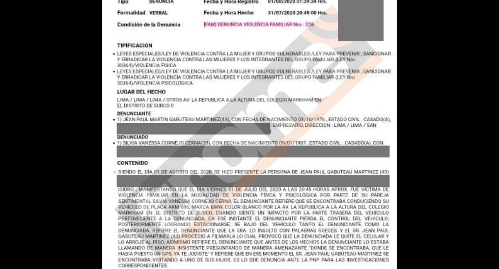 Parte policial de denuncias de Silvia Cornejo y Jean Paul Gabuteau