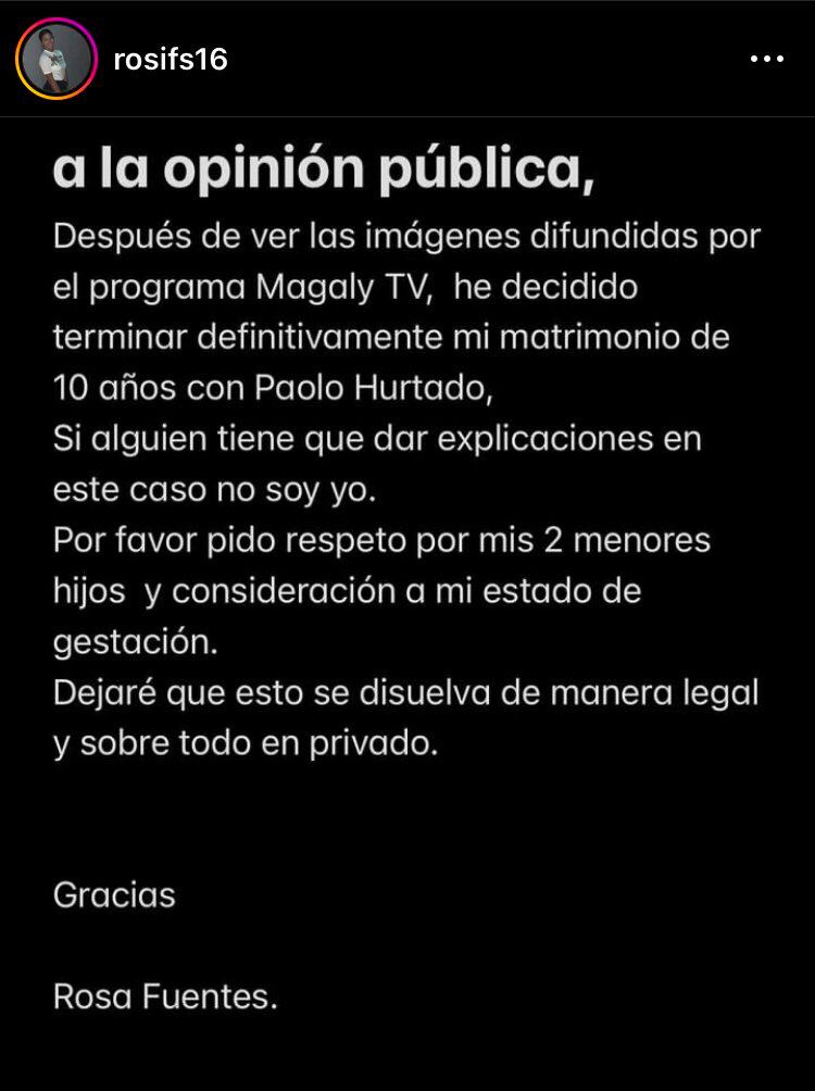 Tras ver el ampay de Paolo Hurtado, su esposa Rosa Fuentes publicó en sus redes sociales que empezará los trámites de divorcio.