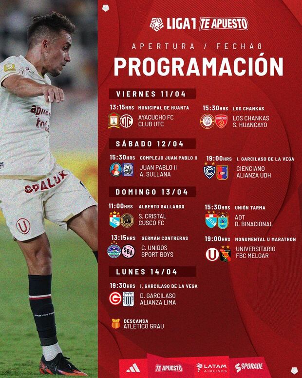 La programación de la fecha 8 del Torneo Apertura de la Liga 1.