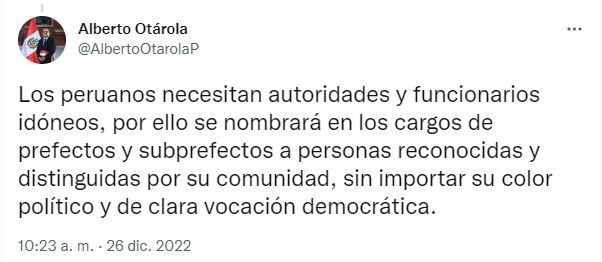 El primer ministro, Alberto Otárola, se manifestó en sus redes sociales.
