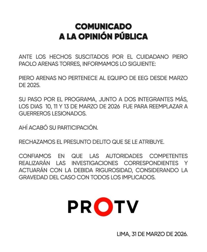 EEG se pronunció en sus redes sobre Piero Arenas tras ser acusado de presunto abuso sexual.