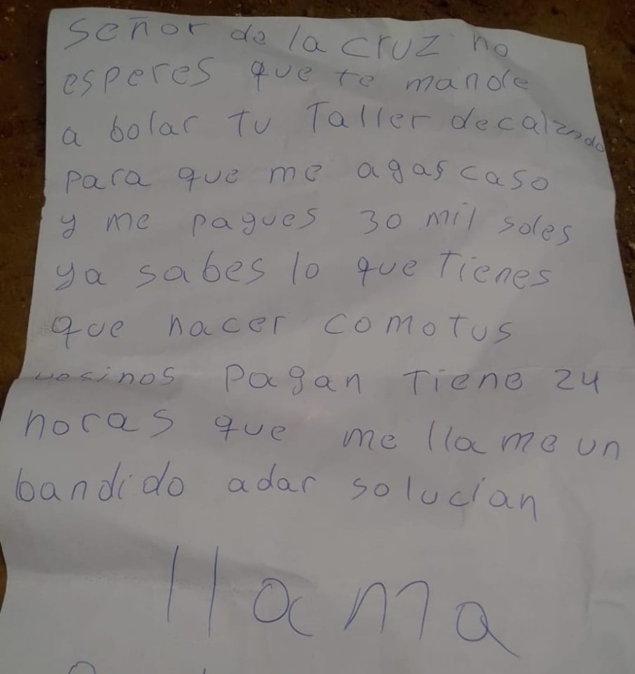 Trujillo: Extorsionadores dejan manuscrito y exigen a empresario de calzado un cupo de 30 mil soles.