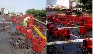 ¡Tragedia cervecera! Camión vuelca y derrama miles de botellas en plena Panamericana Sur | VIDEO