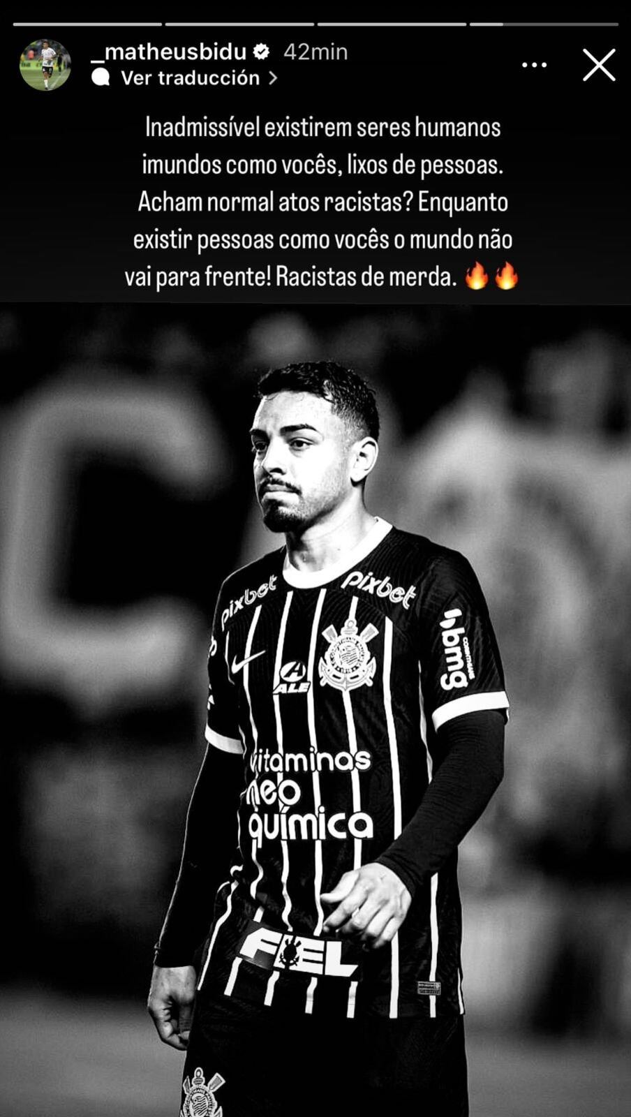 Matheus Bidu, jugador de Corinthians, explotó contra Universitario por gestos racistas. Foto: Instagram de Matheus Bidu