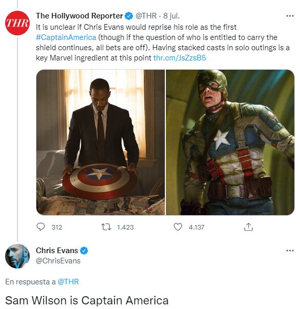 La respuesta de Chris Evans en Twiter. (@chrisevans / Twitter)