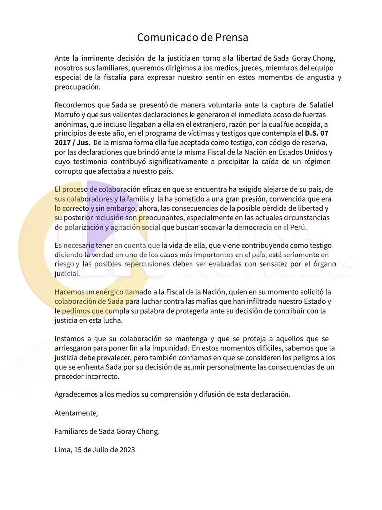 Comunicado de la familia de Sada Goray