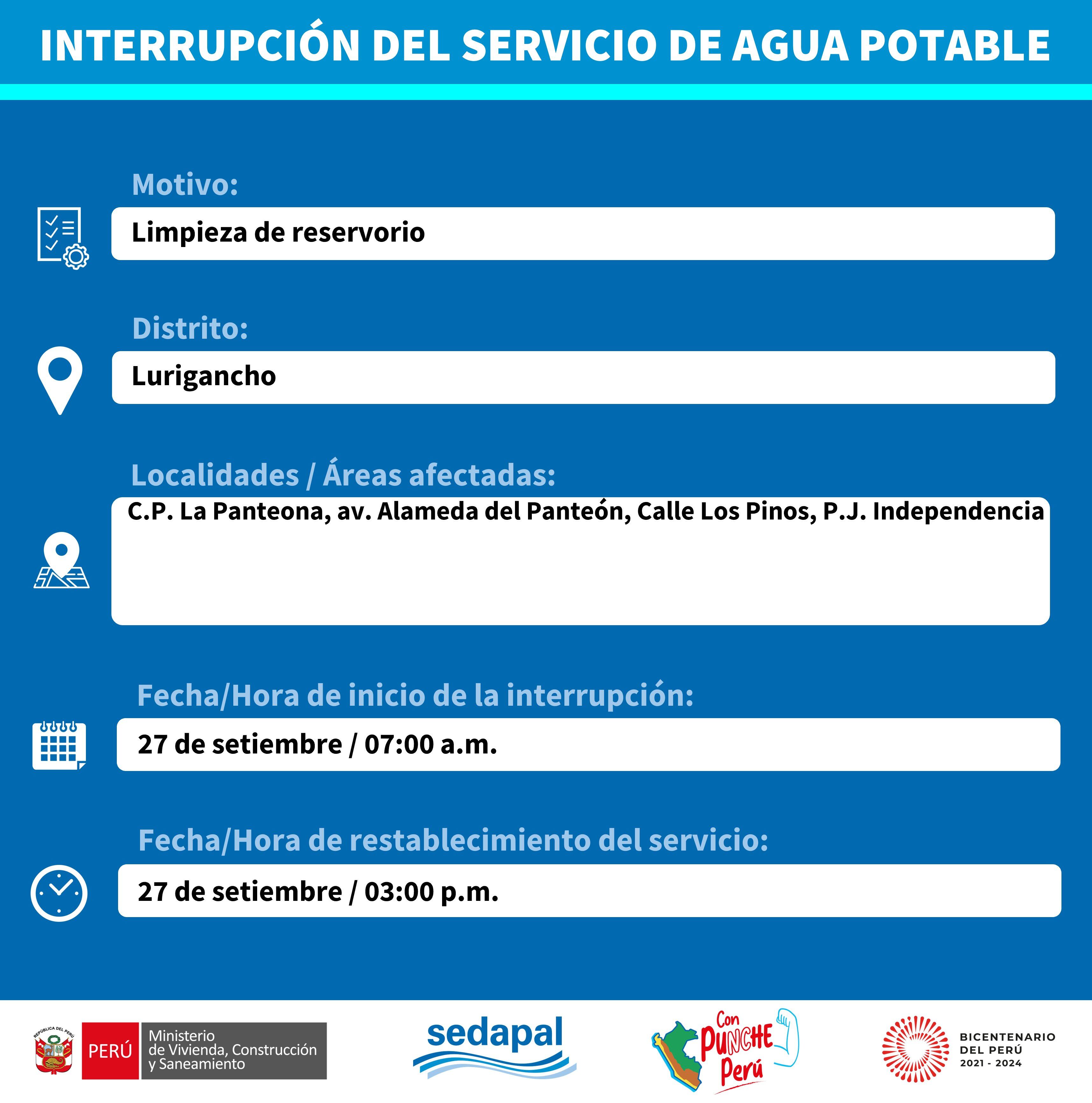 Corte de agua para el 27 de setiembre.