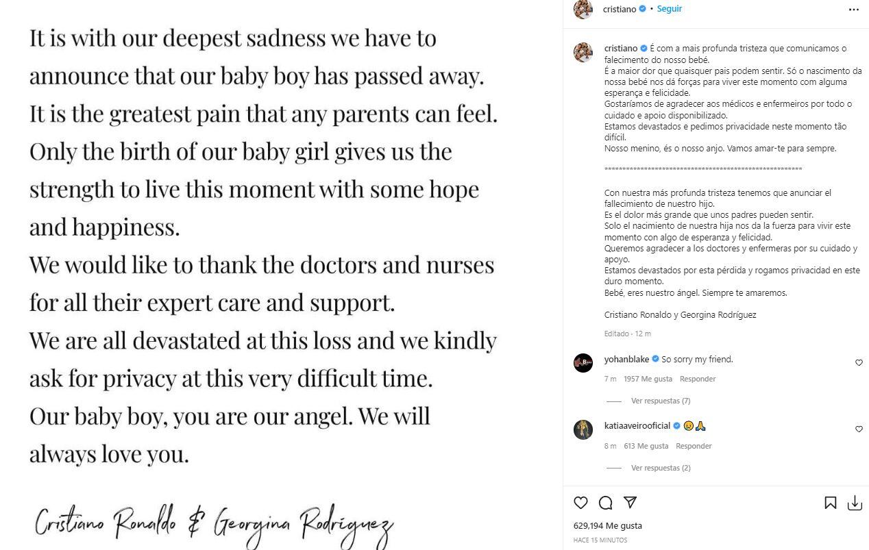 Muere hijo de Cristiano Ronaldo: “Es el dolor más grande que unos padres pueden sentir”