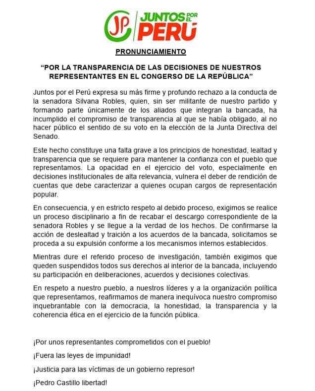 Comunicado de Juntos por el Perú por suspensión de Silvana Robles.