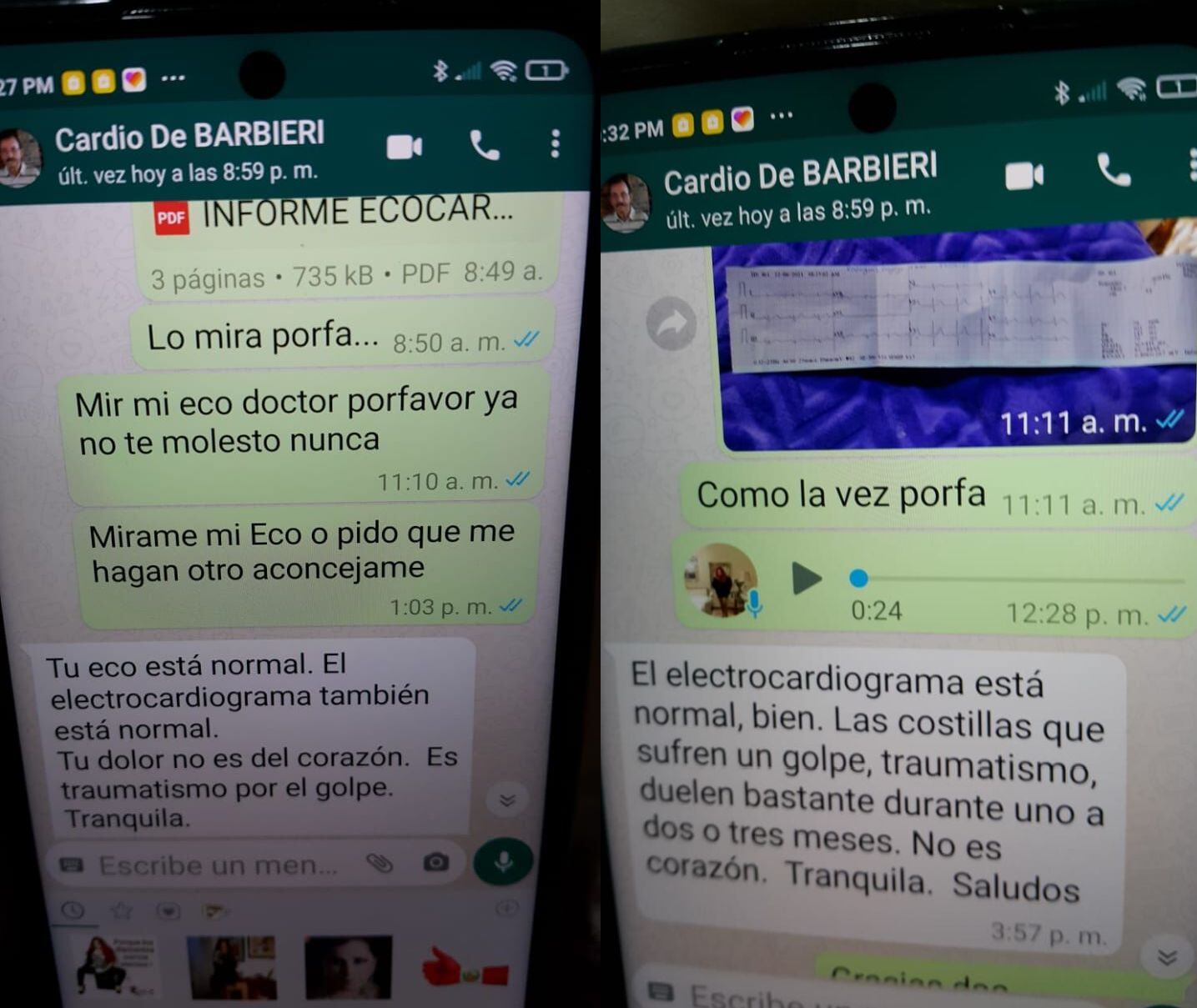 Monique Pardo compartió en Twitter unos pantallazos de su conversación por WhatsApp con su médico. (Foto: Captura)