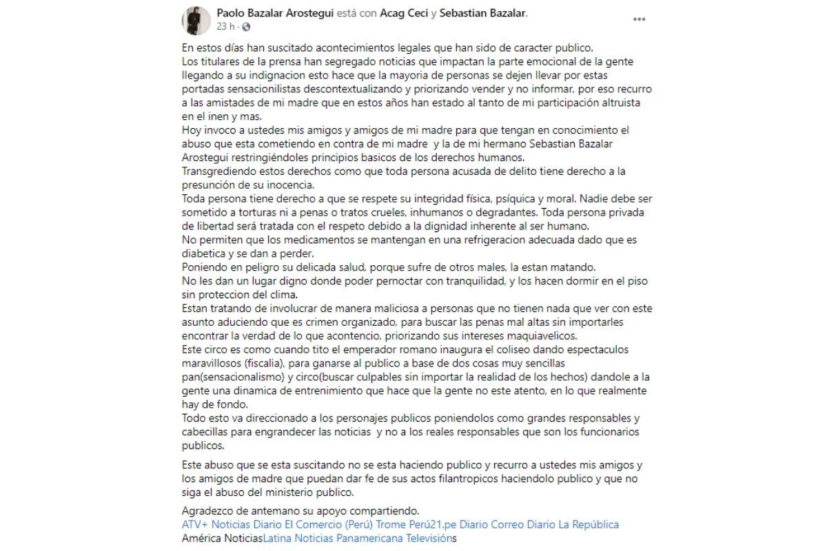 Hijo de 'Chichi' Aróstegui hace denuncia en redes sociales (Captura)