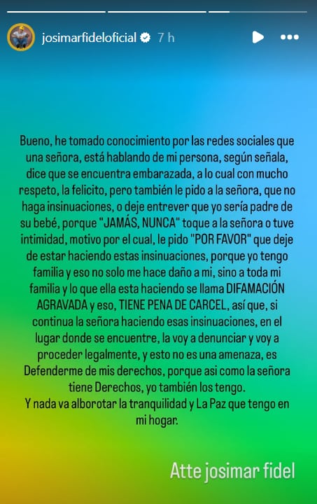 Post de Josimar tras embarazo de Verónica González