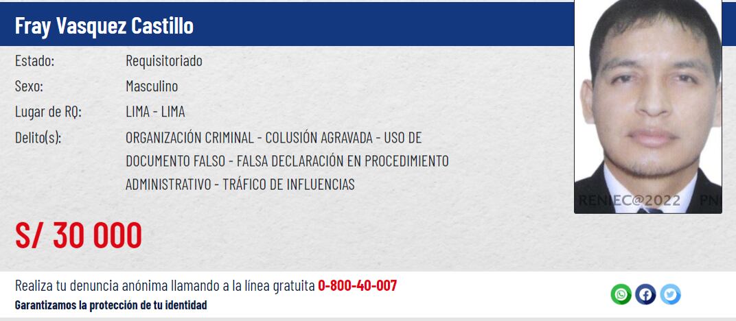 Pese a que se ofrece una alta suma de dinero, la policía no ha podido hallar al sobrino de Pedro Castillo.