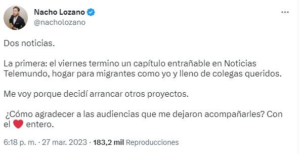 Nacho Lozano anunció su salida de la cadena Telemundo en su cuenta de Twitter (Foto: Nacho Lozano/ Twitter)