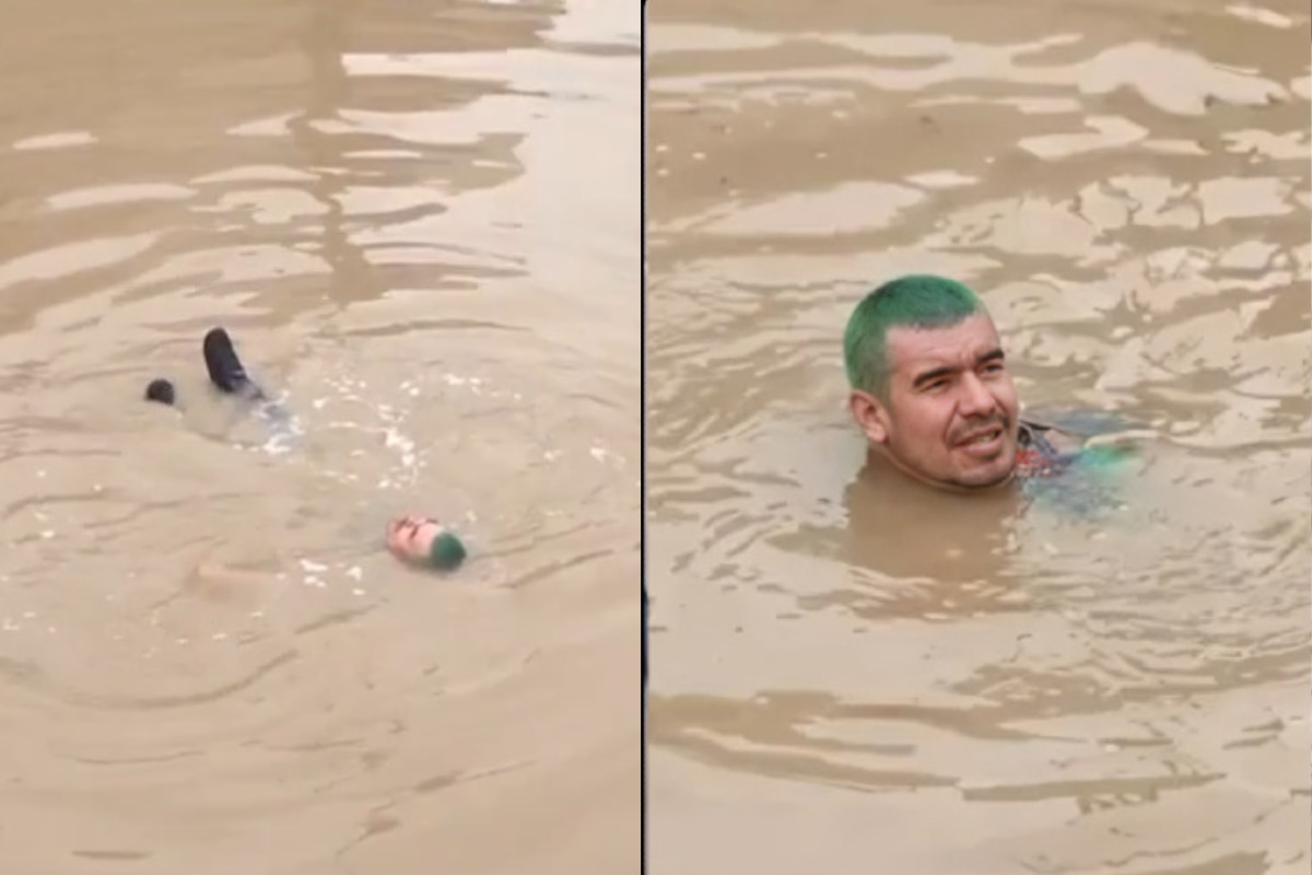 Este personaje sorprendió a todos al meterse a nadar en medio de las aguas servidas. (Redes sociales)