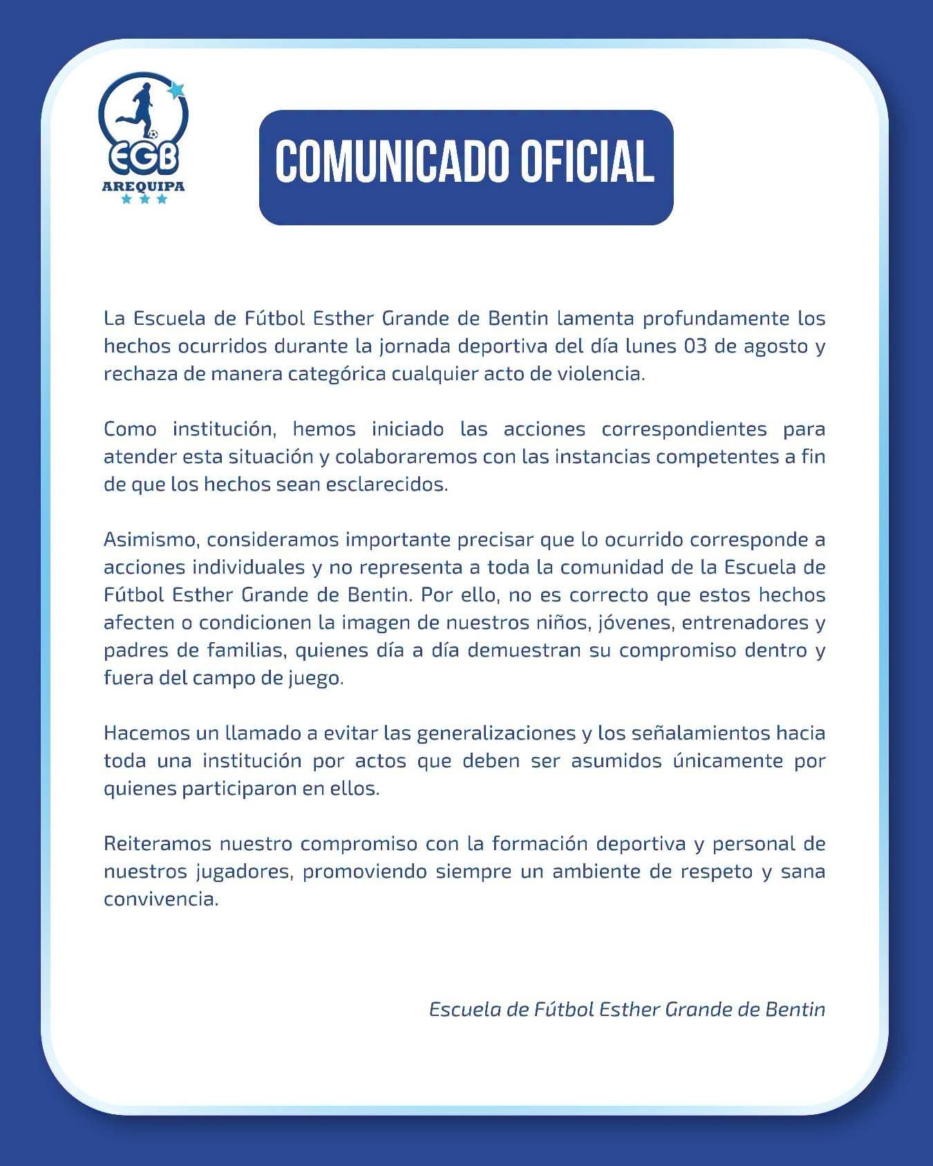 Comunicado de la escuela de fútbol Esther Grande de Bentín (EGB)