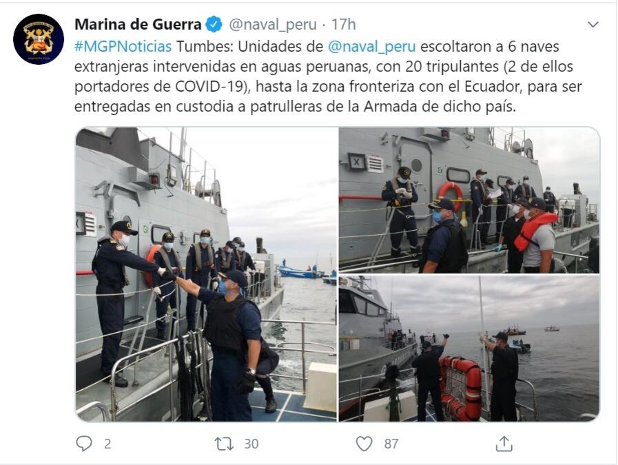 Tumbes: Marina de Guerra del Perú interviene seis naves extranjeras con dos tripulantes infectados de COVID-19. (Foto: captura de pantalla)