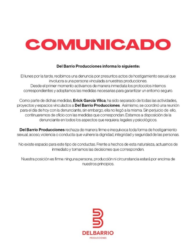 Comunicado de Del Barrio Producciones.