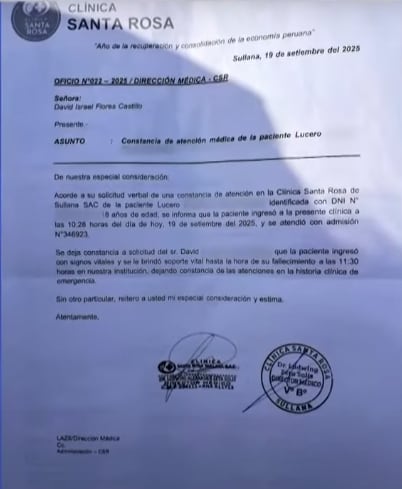 Certificado de la clínica Santa Rosa