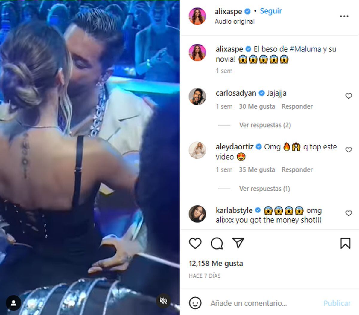 Maluma besando a su novia en los Premios Billboard de la Música Latina (Foto: Álix Aspe / Instagram)