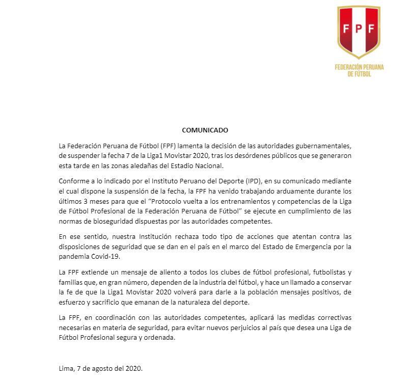 El comunicado de la FPF tras la suspensión de la fecha 7 de la Liga 1.