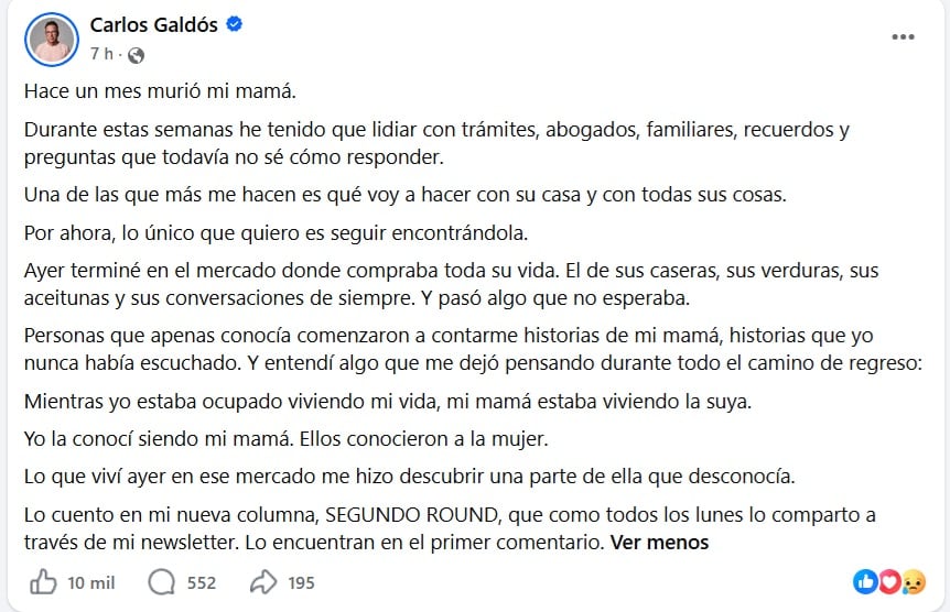 El desgarrador mensaje de Carlos Galdós tras el deceso de su progenitora.