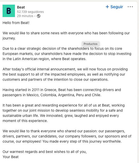 Anuncio de Beat en LinkedIn.